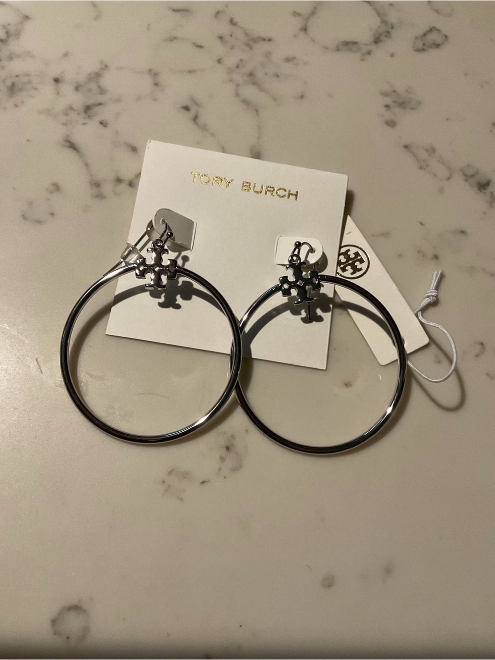 Tory Burch Silver Logo Hoop Earrings with Double-T Logo Charm